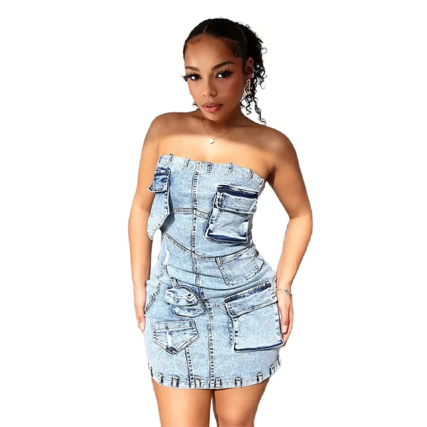 New Spring Off Shoulder Strapless Dress Sexy Backless Tight Mini Dress Fashion Pocket Denim Dresses