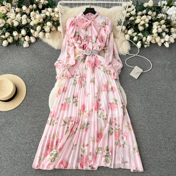 LE2562 2025 Autumn Floral Printed Dresses Luxury Women'S Elegant Chiffon Maxi Pleated Dress Holiday Women'S Boutique Clothing