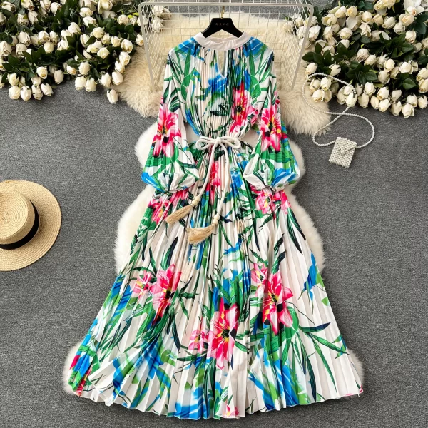 LE2522 Mature Loose Maxi Floral Print Dresses Woman Hollow Office Lady Belted Large Size Long Evening Dress Socialite Party Robe