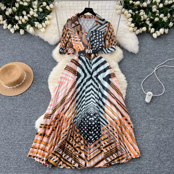 LE2520 and Maxi Woman'S Dresses Large Swing Dress Irregular Print Female Long Office Lady Belted Long Dress