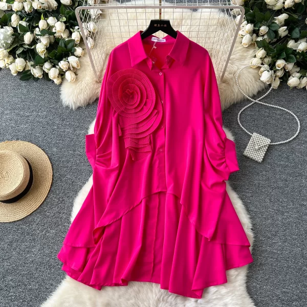LW0521 Senior Sense Polo Collar Shirt Women 2025 New Tops for Women Three-Dimensional Flower Irregular Fold Tail Design Blouse
