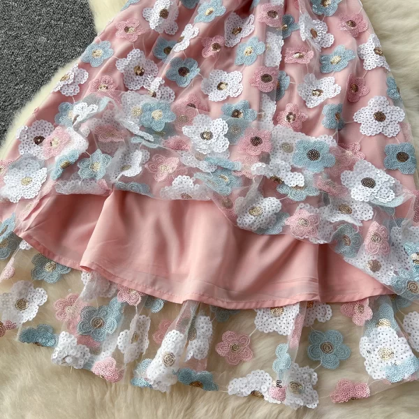LE2527 Luxury Flower Sequined Lace Midi Dresses Vintage Polo Collar Heavy Embroidery Woman Dress Socialite'S Party Gauze Dress