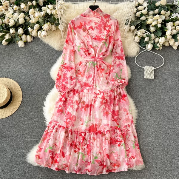 LE2566 2025 Autumn Socialite Party Midi Dress Temperament  Printed Dress Women'S Boutique Bubble Long Sleeve Floral Holiday Robe