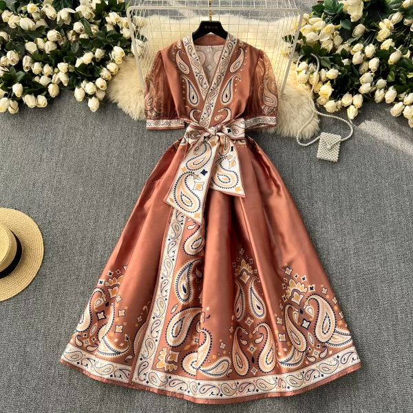 LE2464 Ethnic Style Print Dresses Socialite Dinner Party One-Piece Wrap Maxi Dress Women Elegant Gauze Belted Evening Gown