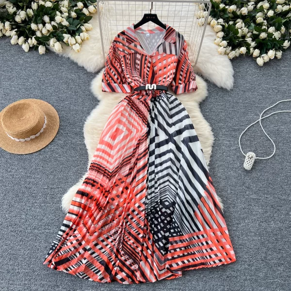 LE2520 and Maxi Woman'S Dresses Large Swing Dress Irregular Print Female Long Office Lady Belted Long Dress