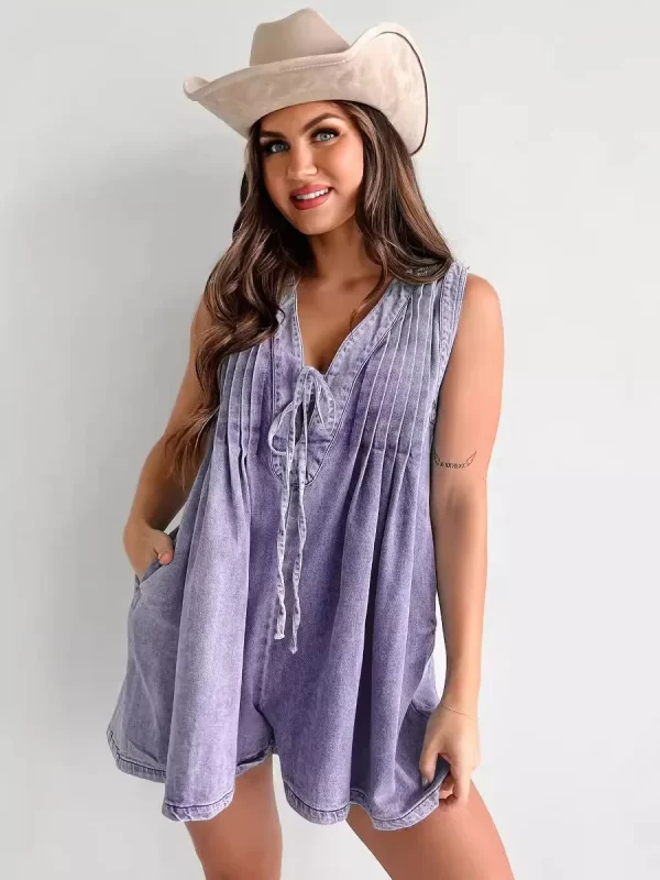 New Women Deep V Neck Lace-up Denim Jumpsuit Shorts Rompers Female Pleated Sleeveless One-piece Trousers