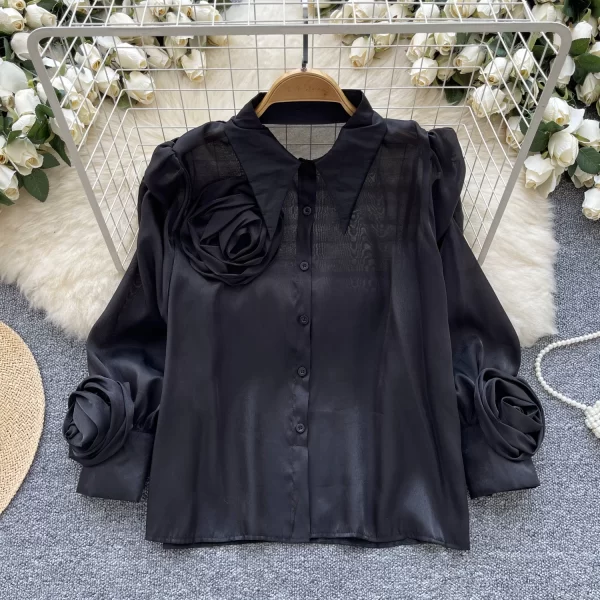 LW0507 All-In-One Shirt 2025 New Design Sense Three-Dimensional Flower Fold Lantern Sleeve All-In-One Long-Sleeved Shirt