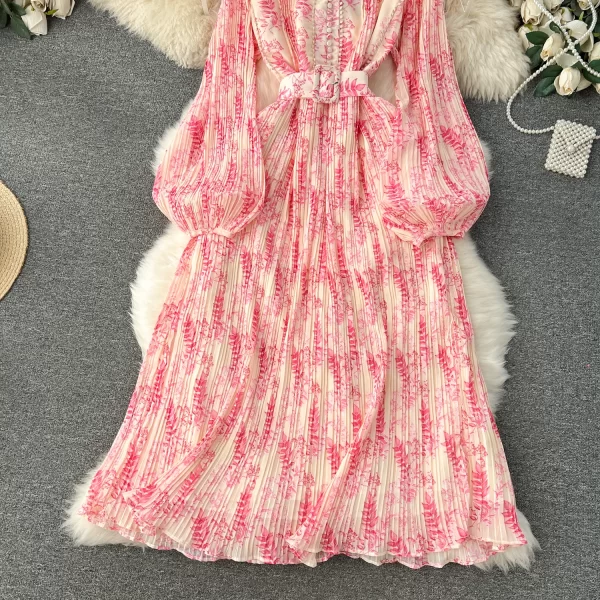 LE2557 2025 Autumn New Holiday Pleated Midi Dresses Women'S Boutique Bubble Long Sleeve Floral Dress Belted Printed Midi Dress