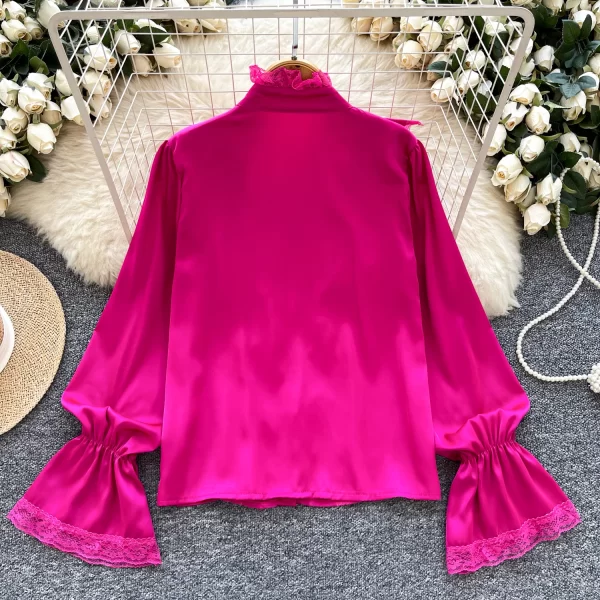 LW0518 Light Wind Shirt Women'S Wooden Ear Edge Splicing Stand Collar Trumpet Sleeve Slimming Satin Blouse