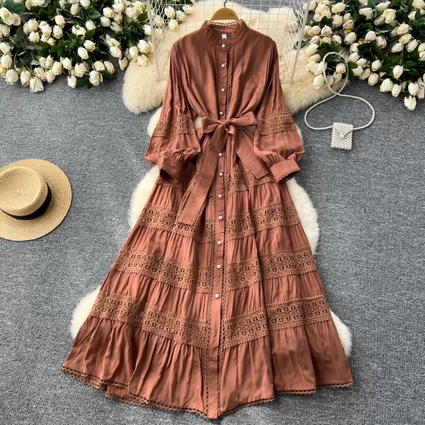 LE2551 Solid Lace Patchwork Maxi Dress Elegant Women Embroidery Evening Gown Socialite Holiday Party Lady Long Casual Dresses
