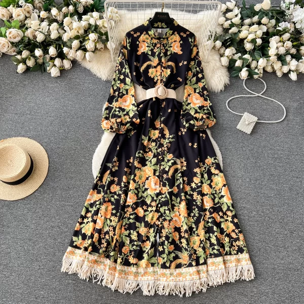 LE2469 Ethnic Style Loose Evening Gown Vintage Maxi Printed Dresses Woman Stand Collar Long Sleeve Tassels Dinner Long Dresses