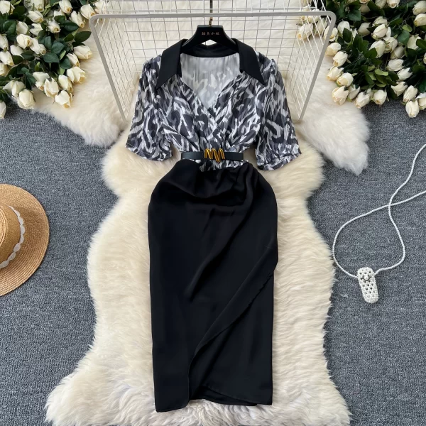 LE2442 Commuter Ladies Midi Women'S Dress Woman Temperament V-Neck Short Sleeve Print Splicing Fold Slim-Fit Wrap Hip Dresses