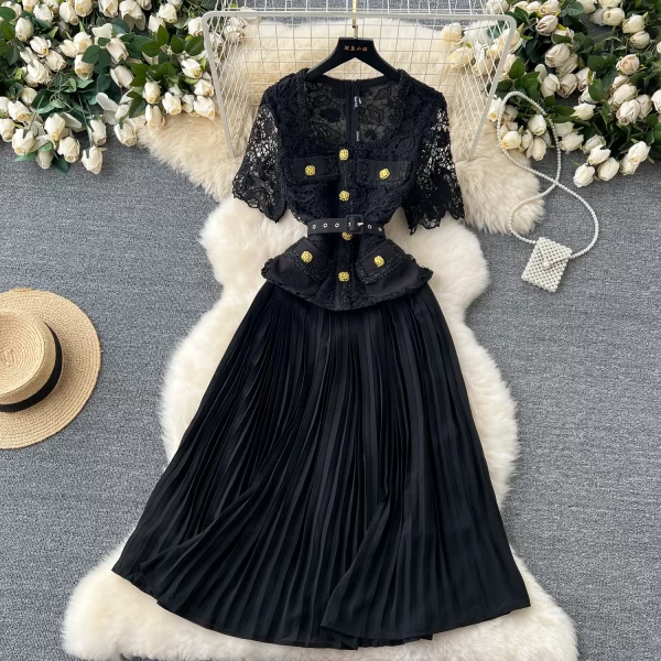 LE2458 Women Embroidery Pleated Long Dress Socialite Holiday Party Hollow Hook Flower Casual Dress Boutique Lace Midi Dresses