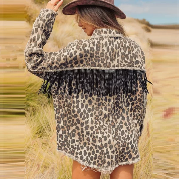 New Fringe Denim Jacket Women's Spring Washed and Old Leopard Print Denim Jacket
