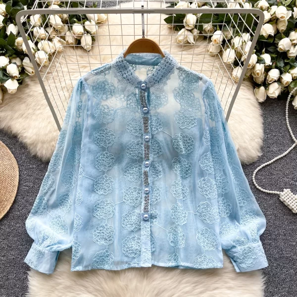 LW0508 Blouses Elegant Woman 2025 New Lace Embroidery Set Diamond Single Breasted Chic Mesh Top Blouses for Lady