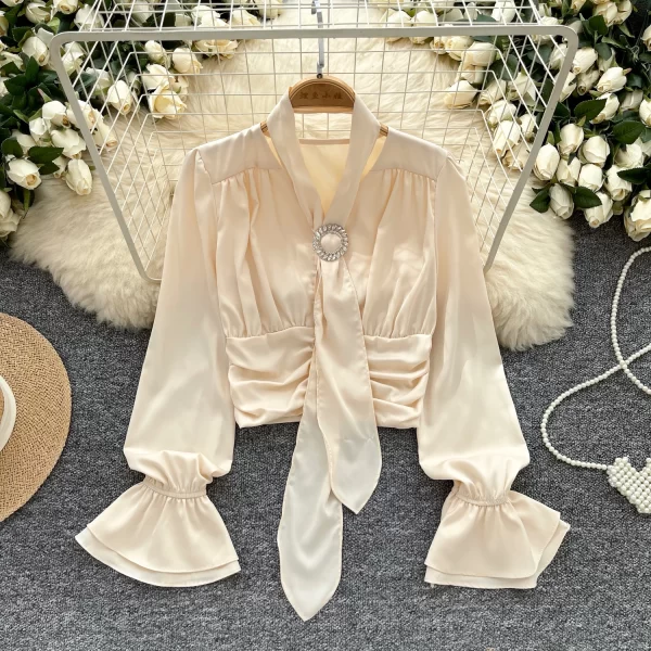 LW0357 Light Luxury Blouse Women'S Satin Ribbon Halter Fold Waist Waist Short Flared Sleeve Tops for Women Casual