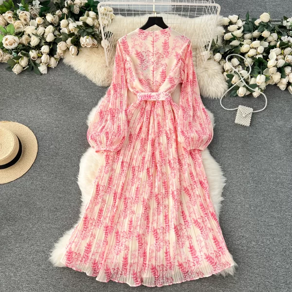 LE2557 2025 Autumn New Holiday Pleated Midi Dresses Women'S Boutique Bubble Long Sleeve Floral Dress Belted Printed Midi Dress