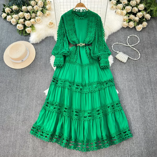LE2576 Court Style Hollow Hook Flower Ladies Dress Female Heavy Industry Patchwork Lace Long Sleeve Women Boutique Maxi Dresses