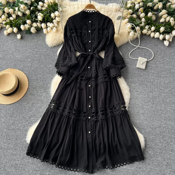LE2572 Autumn Retro Lace Elegant Party Dresses 2025 Women Boutique Hollow Hook Flower Embroidery Maxi Dress A-Line Female Dress