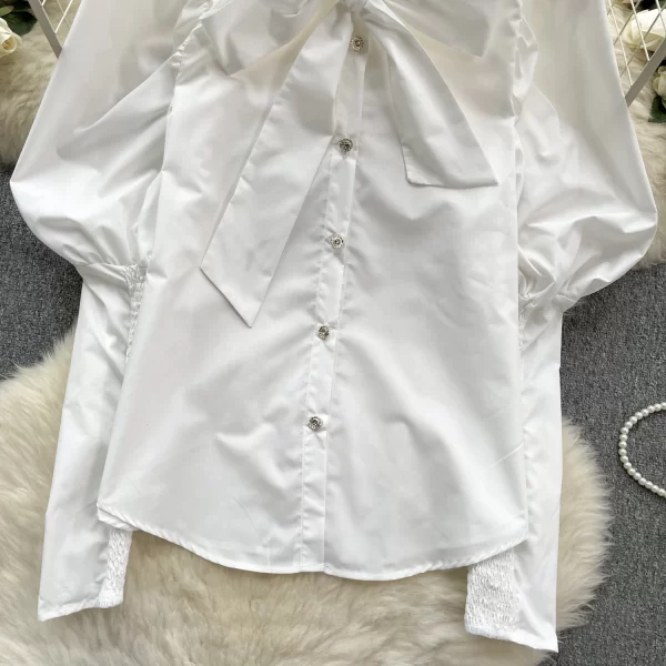 LW0516 Senior Sense of Shirt Women Sweet Bow Collar Slim Fit Design Sense of Leg of Lamb Sleeve French Top New Style