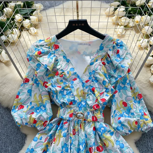 LE2524 Style Mini Dress Female Minority Peplum Stitching Lantern Long Sleeve Pengpeng Printed Dresses