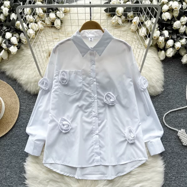 LW0509 Senior Sense Blouse Rose Flower Decoration With a Slim Chic Long-Sleeved Blouses Elegant Women Ladies