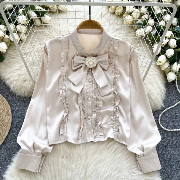 LW0517 High Sense Bow Decorated Long Sleeve Satin Top for Women With a Slim Chic Tops for Women Formal