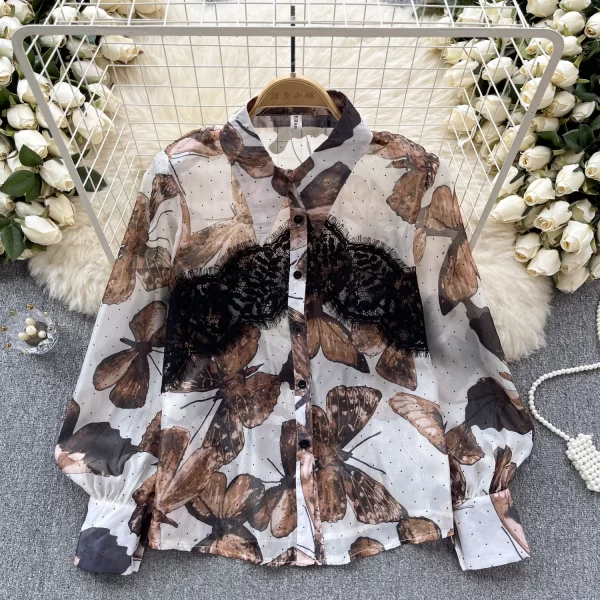 LW0514 Chiffon Shirt Women Design Lace Lace Color Patchwork Butterfly Print Thin Blouses Elegant Women Ladies