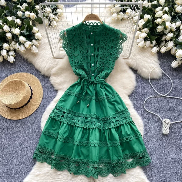 LE2575 Women Boutique Lace Elegant Party Short Dresses Hollow Hook Flower Lace Patchwork Mini Dress A-Line Female Dresses 2025