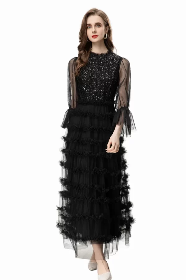 LE2543 High Quality Mesh Dresses Women Luxury Heavy Embroidery Sequin Maxi Lace Dresses Ocialite Holiday Long Evening Dress