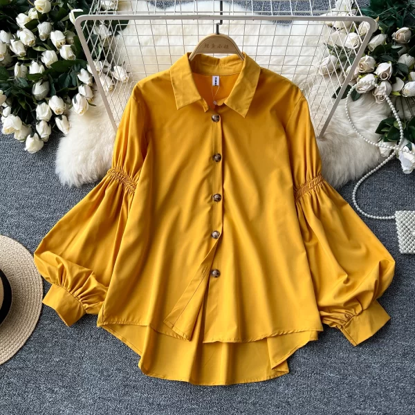 LW0511 Ladies Pleated Lantern Long Sleeved Single Breasted Loose Blouse Lazy Chic Blouses Elegant Women Ladies