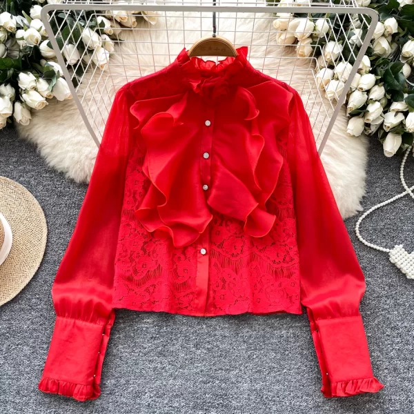 LW0595 Court Style Shirt Lady Three-Dimensional Flower Ruffled Lace Patchwork Long Sleeve Mesh Blouses Elegant Women