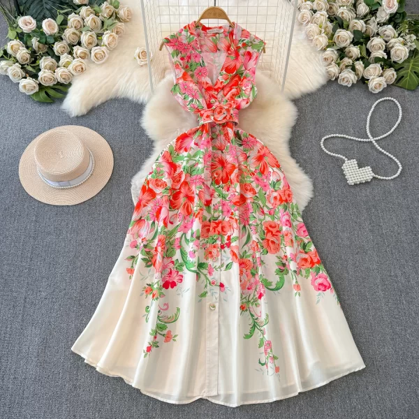 LE2558 2025 Women'S Boutique Maxi Printed Dresses Ladies Runway Suit Collar Flowers Long Dress Sleeveless Casual Holiday Dress