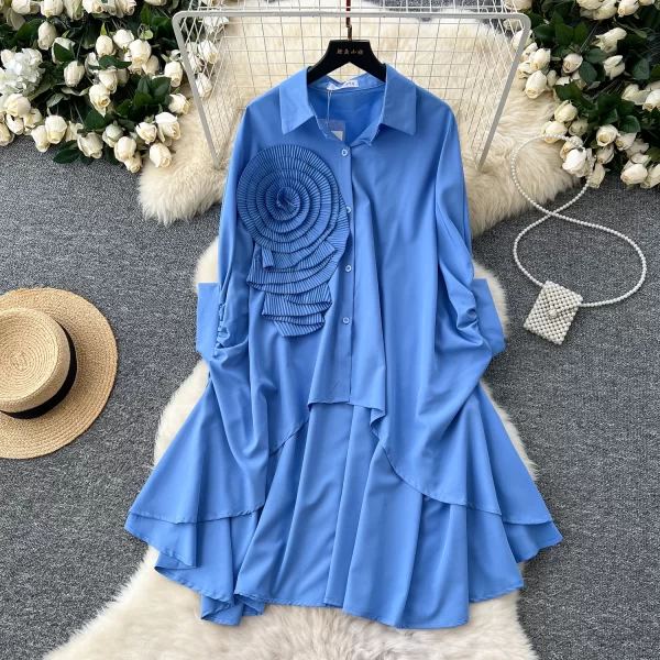 LW0521 Senior Sense Polo Collar Shirt Women 2025 New Tops for Women Three-Dimensional Flower Irregular Fold Tail Design Blouse