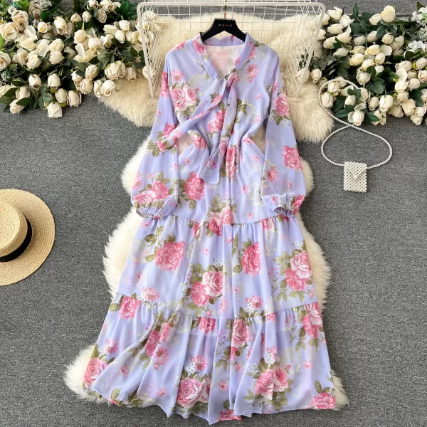 LE2566 2025 Autumn Socialite Party Midi Dress Temperament  Printed Dress Women'S Boutique Bubble Long Sleeve Floral Holiday Robe