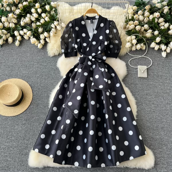 LE2452 Herben Polka Dot Long Dress Female Socialite Dinner Party Midi Dresses Autumn Luxury Ompadour French Dress Banquet Robe