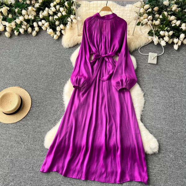 LE2446 Mature Boutique Ladies Evening Gown Niche Belted Stand Collar Long Sleeve Long Dresses Elegant Pendant Streamer Dress