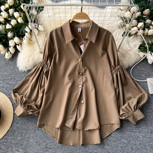 LW0511 Ladies Pleated Lantern Long Sleeved Single Breasted Loose Blouse Lazy Chic Blouses Elegant Women Ladies