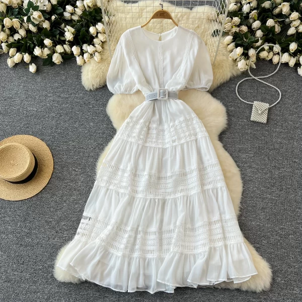 LE2570 Boutique Socialite Party Dress Short Sleeve Woman Exquisite Hollowed-Out Hook Flower Lace Patchwork Midi Evening Dresses