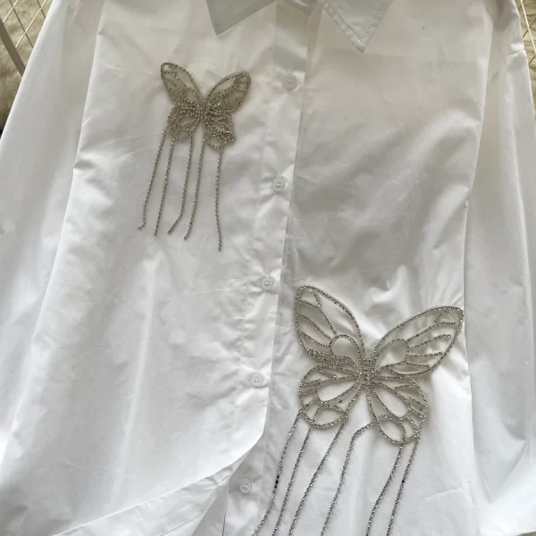 LW0592 Heavy Diamond Butterfly Fringes Decorated Shirt Women Chic Spring Blouse Women Shirts for Women Tops
