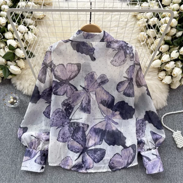LW0514 Chiffon Shirt Women Design Lace Lace Color Patchwork Butterfly Print Thin Blouses Elegant Women Ladies