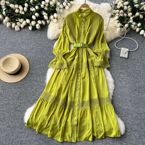 LE2550 Vintage Lace Patchwork Maxi Casual Dress Elegant Women Long Sleeve Lady Evening Gown Socialite Holiday Party Long Dresses