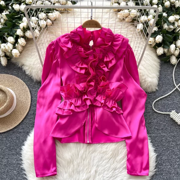 LW0354 2025 Spring Vintage Shirt Female Autumn Fungus Edge Zipper Light Luxury Royal Sister Blouse Blouses Elegant Women Ladies