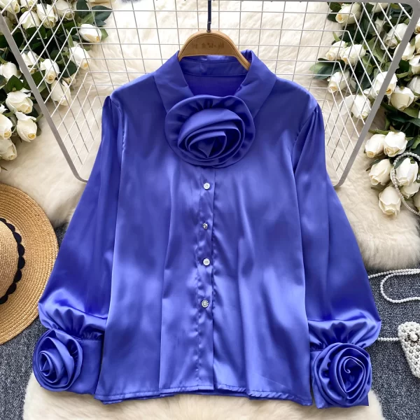 LW0503 2025 New Advanced Sense Flower Lapel Single Breasted Lantern Sleeve Top Small French Satin Shirts for Women Tops