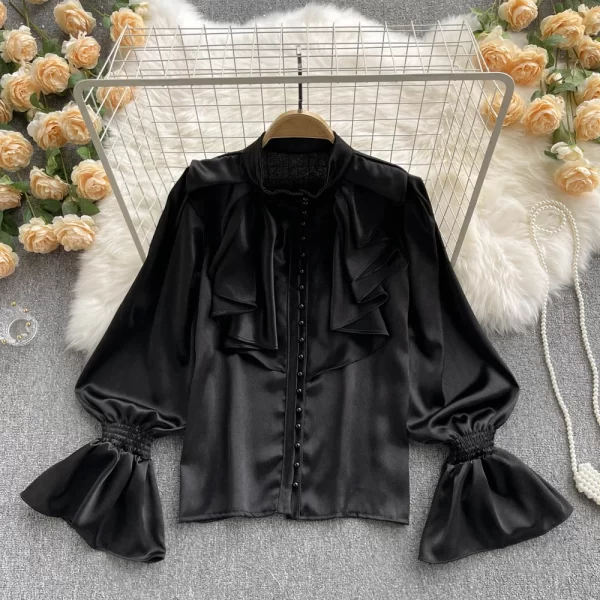 LW0363 French Shirt for Women Design Sense Ruffled Collar Single Breasted Temperament Lantern Sleeve Top 2025 Spring