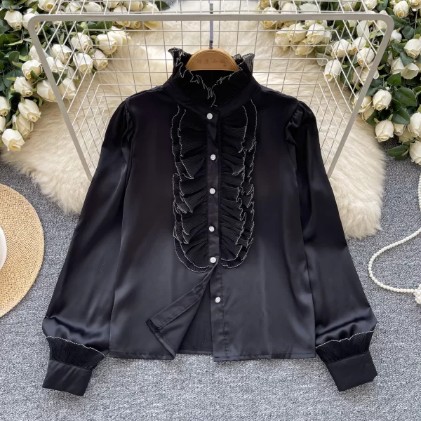 LW0353 Light Luxury Satin Sense Stand Collar Shirt Women Autumn Wood Ear Edge Temperament Chic Niche Blouse Tops for Women