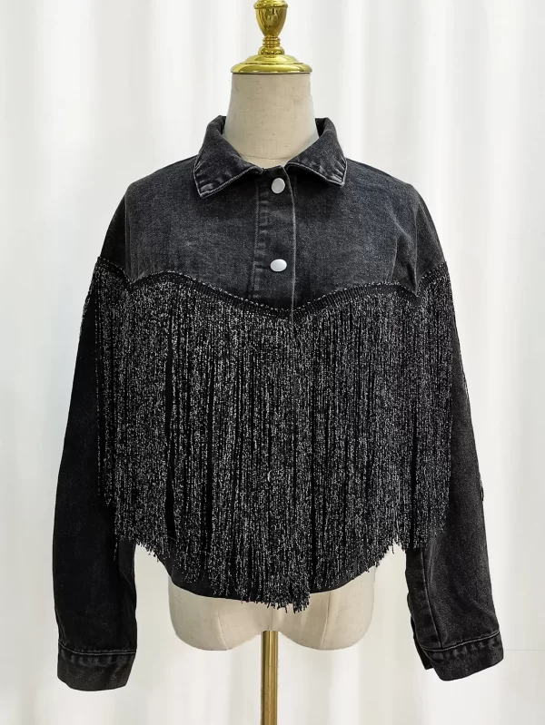 Foreign Trade Denim Jacket Women Fashion Fringe Lapel Fried Flowers Denim Jacket