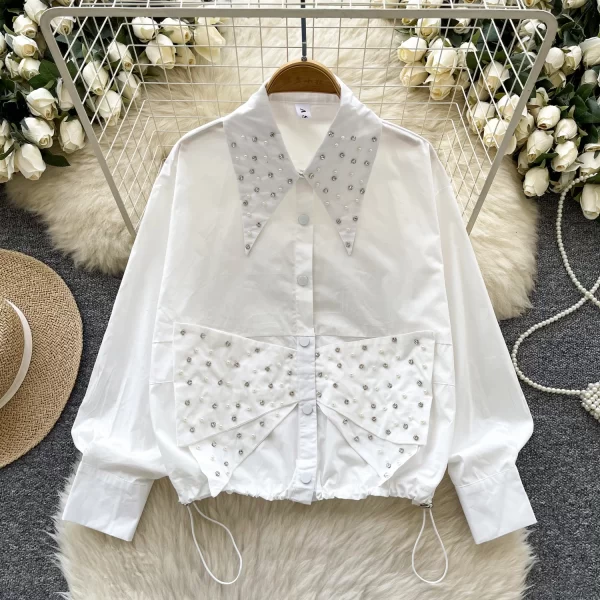 LW0593 Design Sense Studded Beaded Diamond Drawstring Waist Long Sleeve Shirt Women'S 2025 Spring Tops for Women Formal