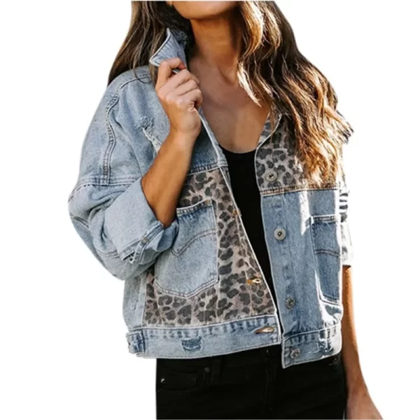 Long Sleeve Jacket Vintage Women's Jacket Leopard Patchwork Ripped Denim Top Casual Cowboy Denim Jacket