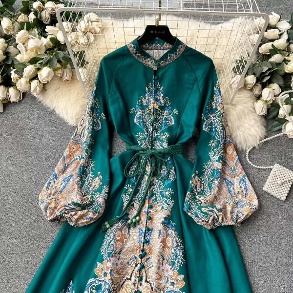 LE2467 Ethnic Style Loose Evening Gown Vintage Maxi Printed Dresses Woman O-Neck Flared Long Sleeve Dinner Long Dresses